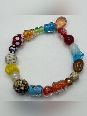Whimsical Artisan Lampwork Glass Bead Stretch Bracelet Mixed Charm Chunky